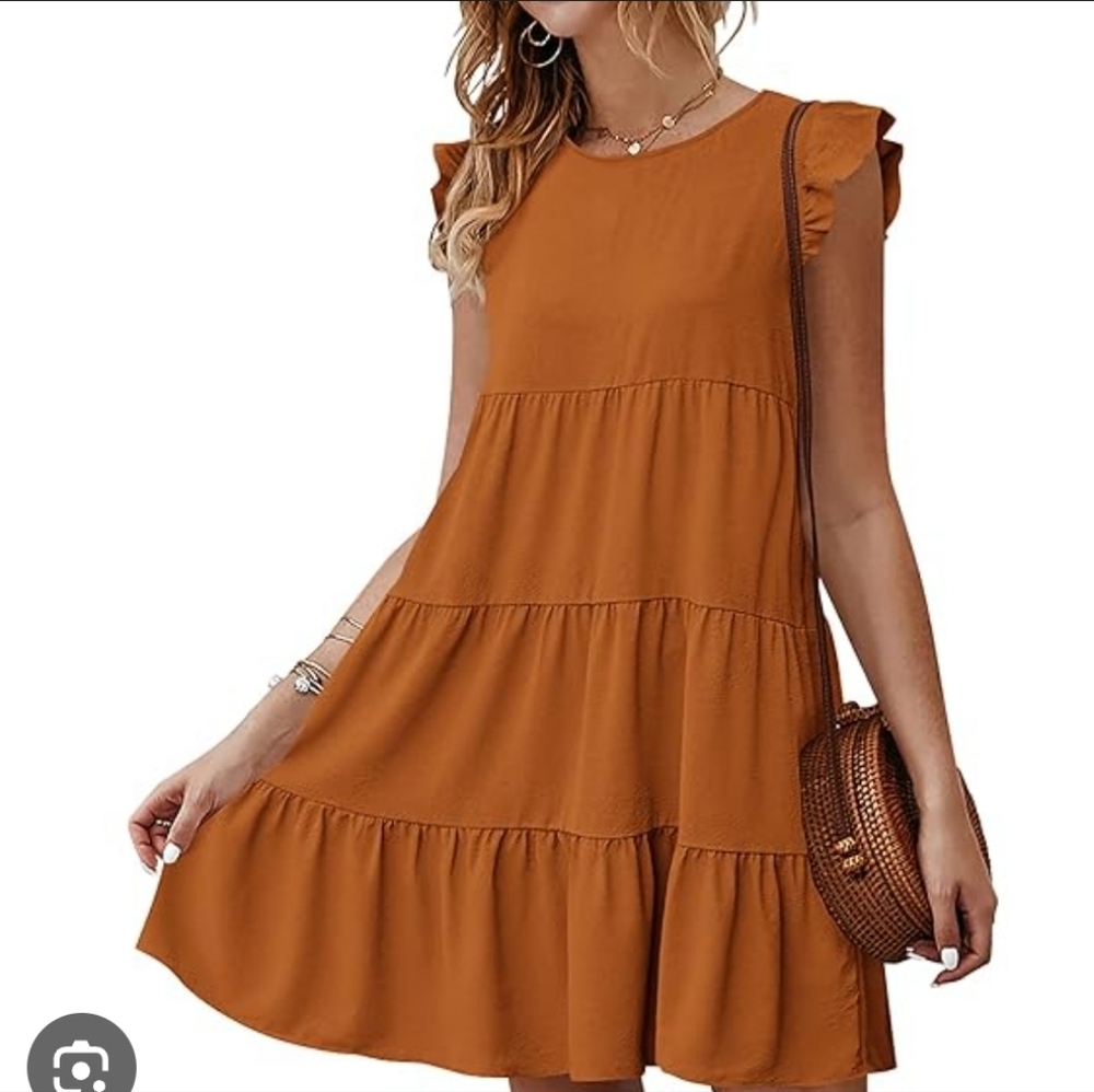 Ruffled Tiered Mini Dress in Caramel Brown